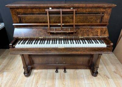 John T Wells, English Upright, High Luster Varnish, Burl Walnut Veneer, too front view