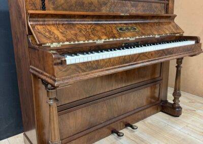 John T Wells, English Upright, High Luster Varnish, Burl Walnut Veneer, front view